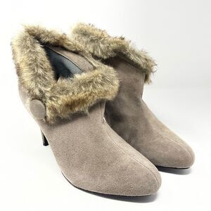 Vintage AVON Pull On Booties Taupe Suede Faux-Fur Heeled  Women’s Size 10